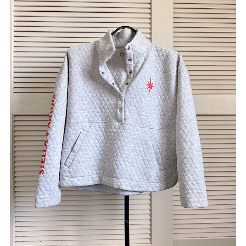 Marine Layer Stella Artois Corbet Quilted Pullover Snap Mock Neck Grey Large